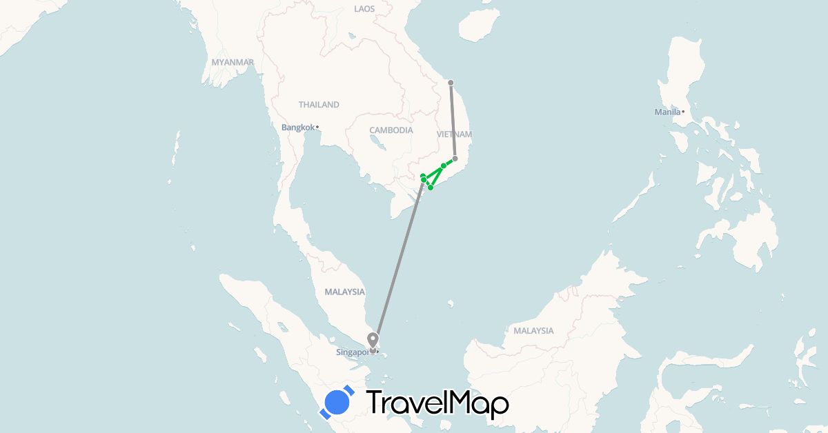 TravelMap itinerary: driving, bus, plane in Singapore, Vietnam (Asia)